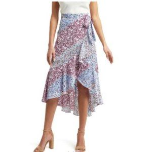 Halston Ruffle Faux Wrap Skirt Blue and Wine floral